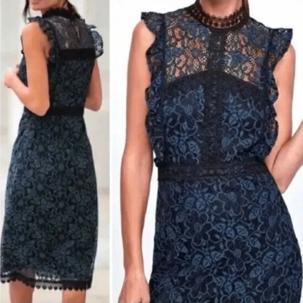 Zara (S) guipure lace midi dress, black & blue/teal, sleeveless, excellent cond.